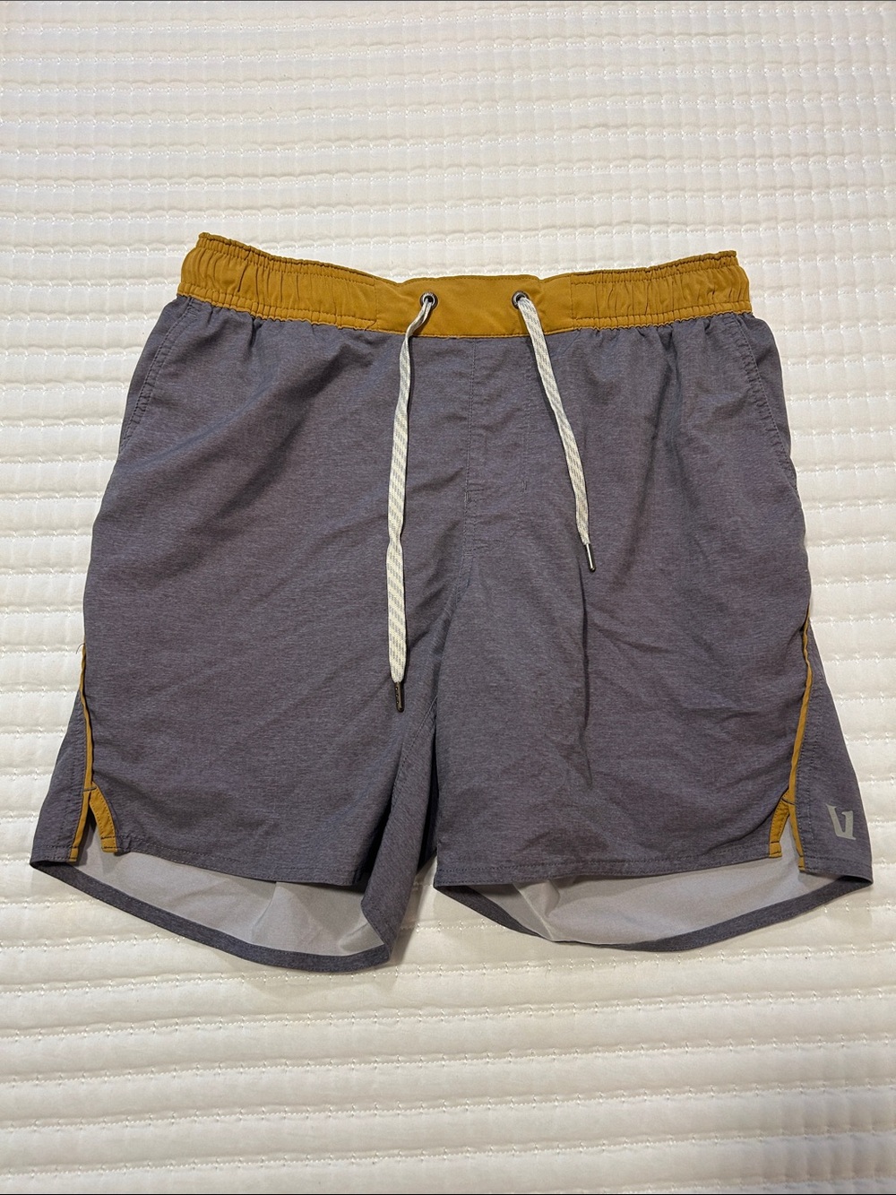 Vuori Gray Athletic Lined Shorts with Mustard Waistband Small